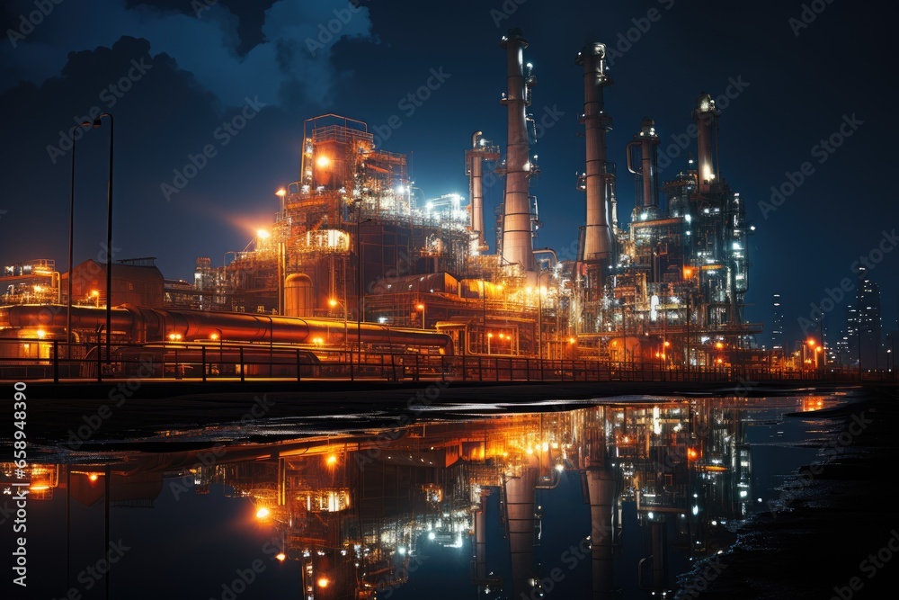 Fototapeta premium Steel long pipes in crude oil factory. Oil refinery