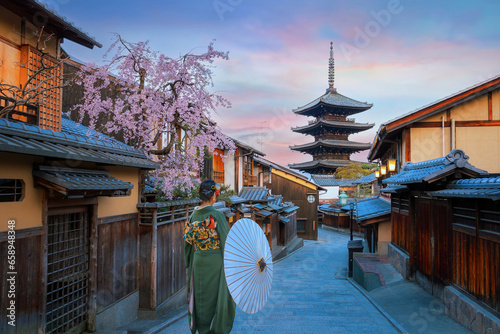 Kyoto, Japan - March 30 2023: The Yasaka Pagoda  known as Tower of Yasaka or Yasaka-no-to. The 5-story pagoda is the last remaining structure of Hokan-ji Temple which is built in the 6th-century