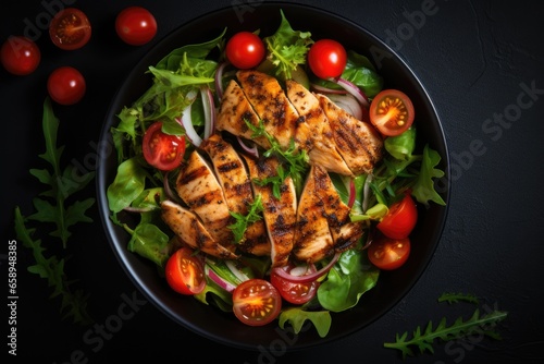 Grilled chicken salad with tomatoes and herbs in a bowl