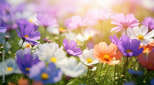 Flower field in sunlight, spring or summer garden background