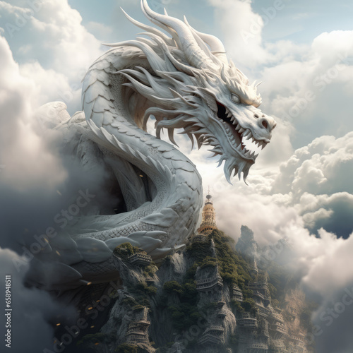 White color dragon on high above the sky with cloud. © Renrae