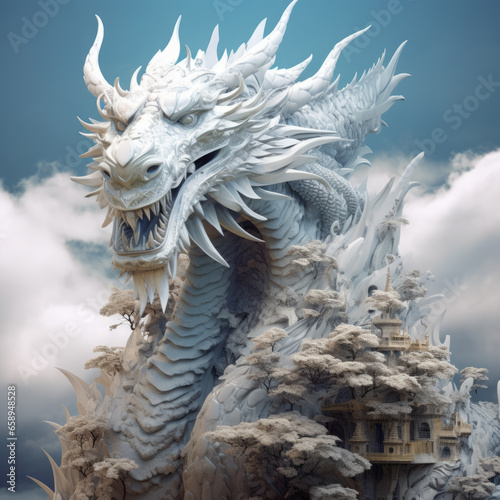 White color dragon on high above the sky with cloud. © Renrae