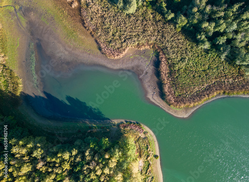 Obraz na płótnie aerial drone view of low water level in the lake