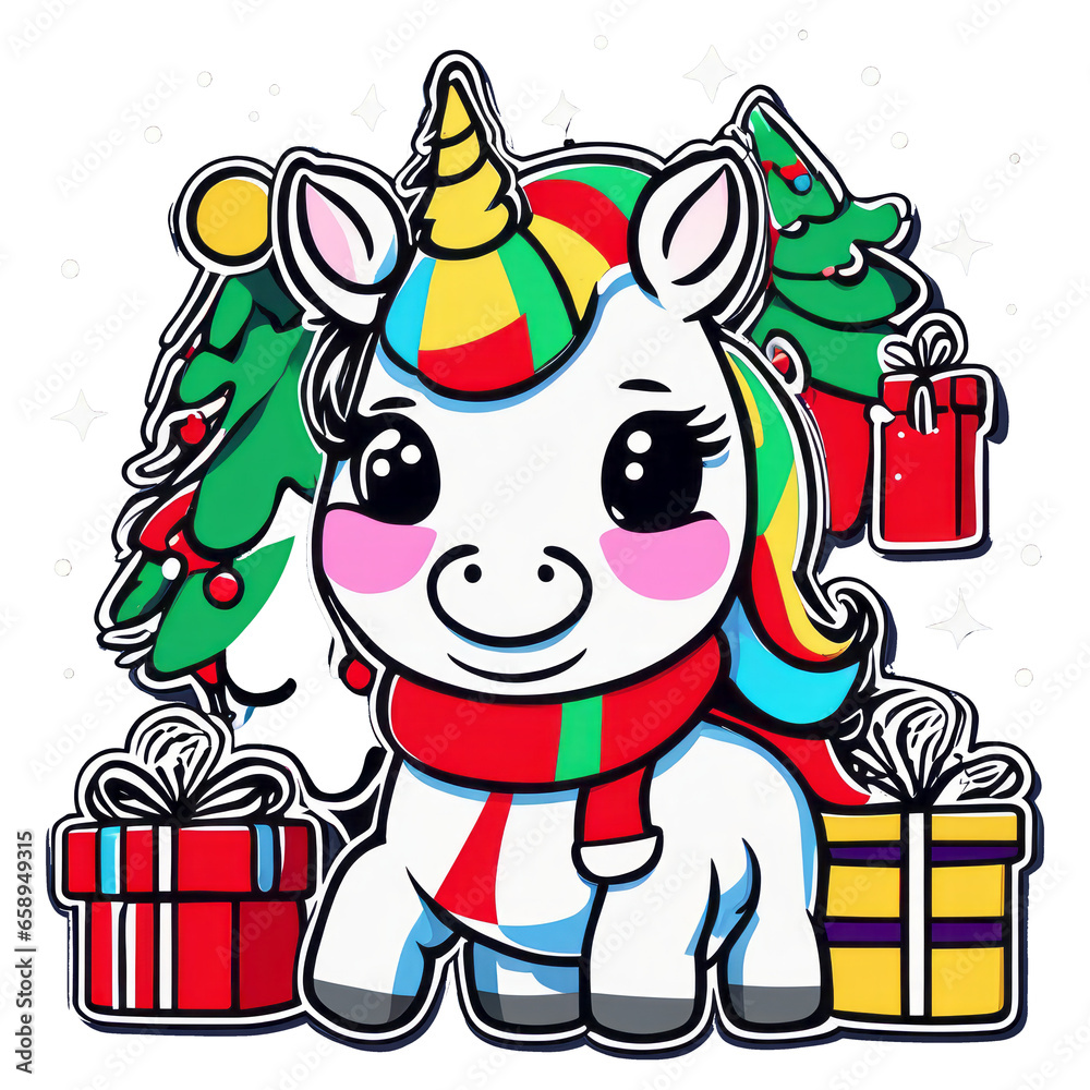Naklejka premium Cute unicorn horse wearing a Santa hat surrounded by gifts And the Christmas tree is playing with toys.