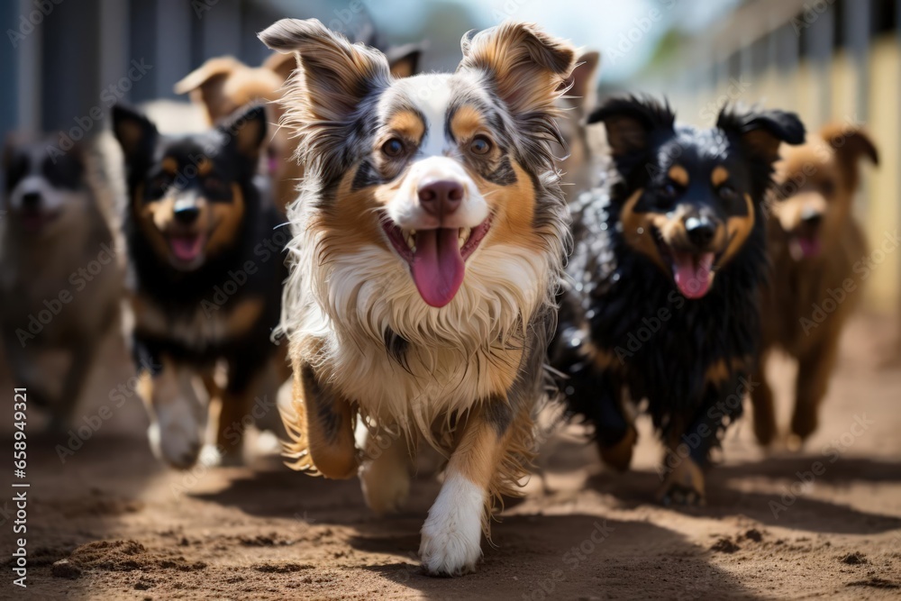 Dog in a doggy daycare group of dogs playing and socializing in a doggy daycare Dog in a doggy daycare group of dogs playing and socializing in a doggy daycare