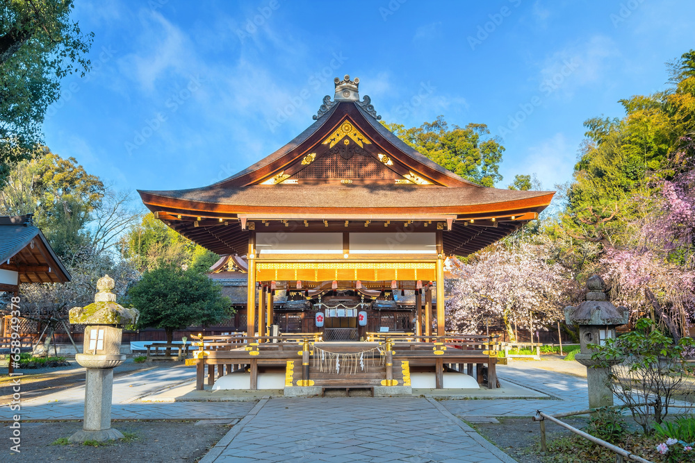 Kyoto, Japan - March 29 2023: Hirano-jinja is the site of a cherry blossom festival annually since 985 during the reign of Emperor Kazan, and it has become the oldest regularly held festival in Kyoto Kyoto, Japan - March 29 2023: Hirano-jinja is the site of a cherry blossom festival annually since 985 during the reign of Emperor Kazan, and it has become the oldest regularly held festival in Kyoto