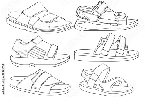 Strap sandals outline drawing vector, strap sandals drawn in a sketch style, bundling strap sandals template outline, vector Illustration.