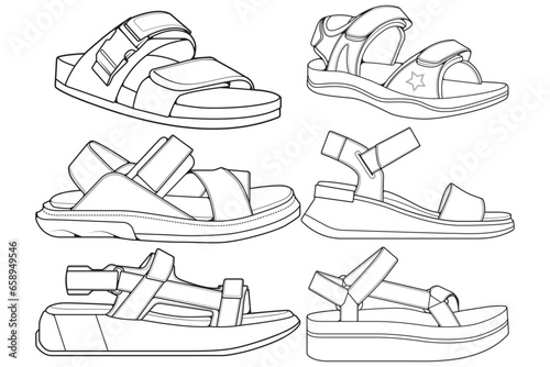 Strap sandals outline drawing vector, strap sandals drawn in a sketch style, bundling strap sandals template outline, vector Illustration.