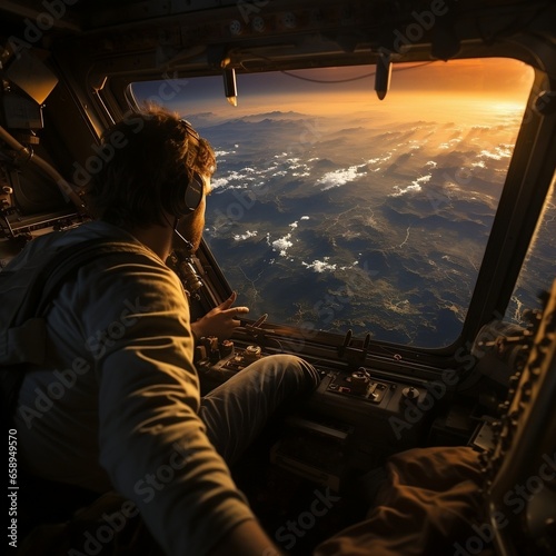 Astronaut looking toward earth from air cabin