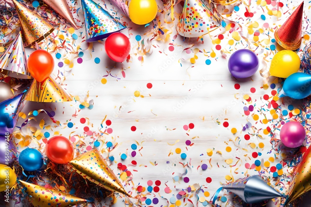 Obraz premium party birthday celebration concept,giftbox,balloon,confetti and streamers background copy space for text