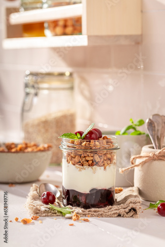 Delicious and homemade cherries granola made of sweet  ingredients.