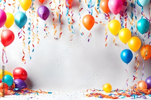 party birthday celebration concept,giftbox,balloon,confetti and streamers background copy space for text