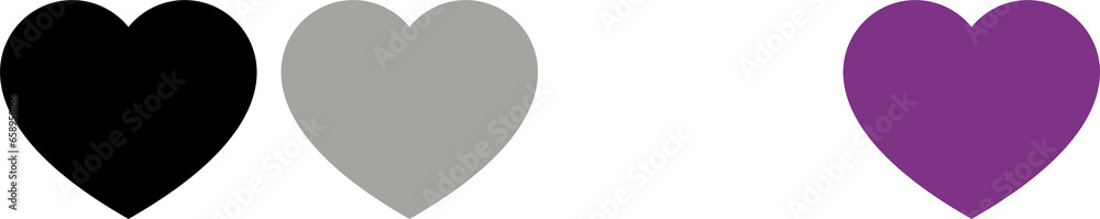 Black, gray, white and purple colored heart icons, as the colors of the asexual flag. LGBTQI concept. Flat design illustration. Black, gray, white and purple colored heart icons, as the colors of the asexual flag. LGBTQI concept. Flat design illustration.