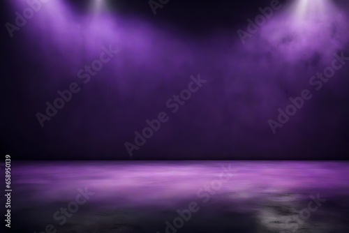 Abstract background with dark wall with copyspace and foggy concrete floor illuminated by purple color. Mock up, 3D rendering
