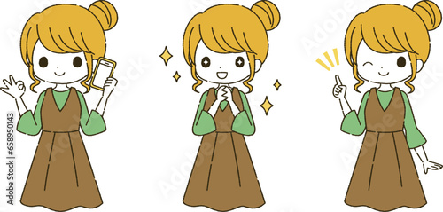 スマートフォンを操作する女性のイラスト素材セット