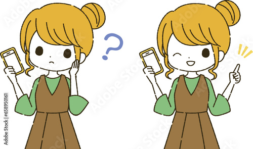 スマートフォンを操作する女性のイラスト素材セット