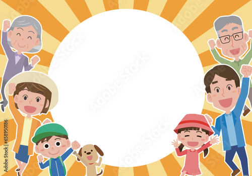 喜ぶ3世代家族のフレームイラスト