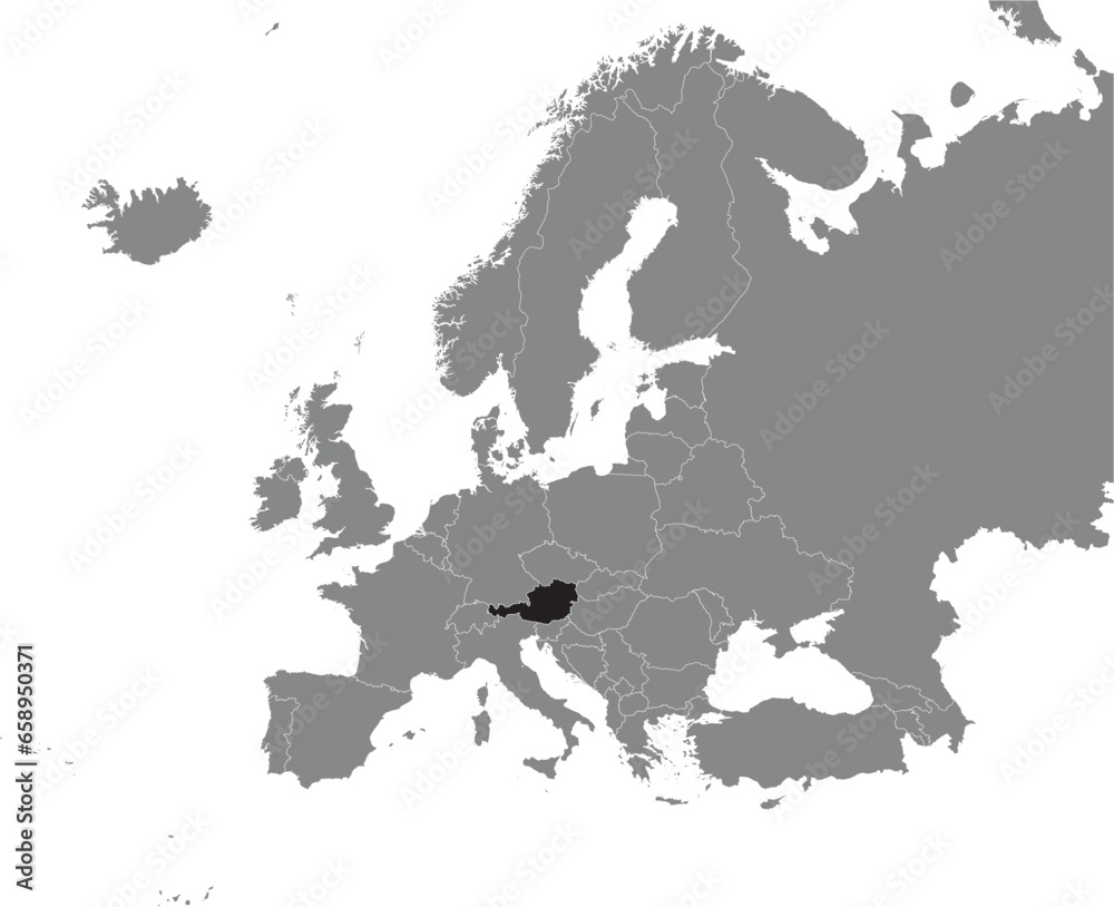 Black CMYK national map of AUSTRIA inside detailed gray blank political map of European continent on transparent background using Mercator projection