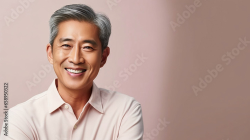 copy space, asian middle age man portrait with healthy face skin. Open smiling beautiful aging mature woman with short hair. Beauty and cosmetics skincare advertising concept