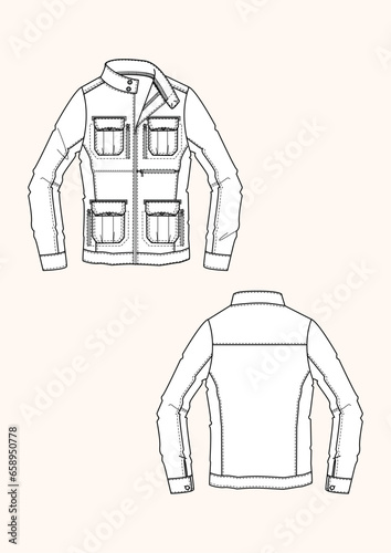 Man field jacket with pockets and zip flat sketch fashion illustration with front and back view. Drawing vector template mock up