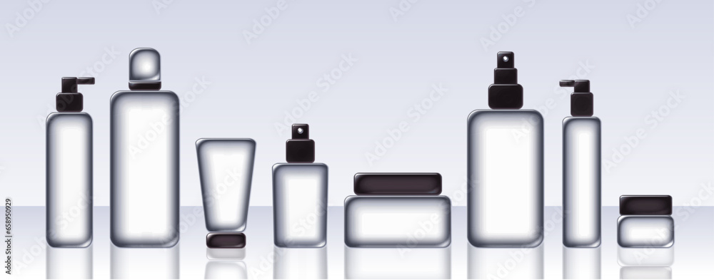 Collection of blank cosmetics packaging in a flat graphic style. Beauty skin body hair care products mockup. Gradient vector illustration. Cold blue glass or plastic with black top and caps. Branding Collection of blank cosmetics packaging in a flat graphic style. Beauty skin body hair care products mockup. Gradient vector illustration. Cold blue glass or plastic with black top and caps. Branding