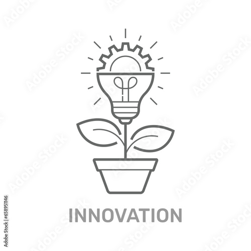 Vector creative concept in line style - light bulb with gear wheel growing from the flower pot. Innovation Idea concept. Technology innovations. Editable Stroke. EPS 10