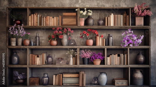 wood boxs in the wall with flowers with vases with book