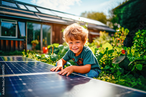 Little boy next to some solar panels in his family's garden