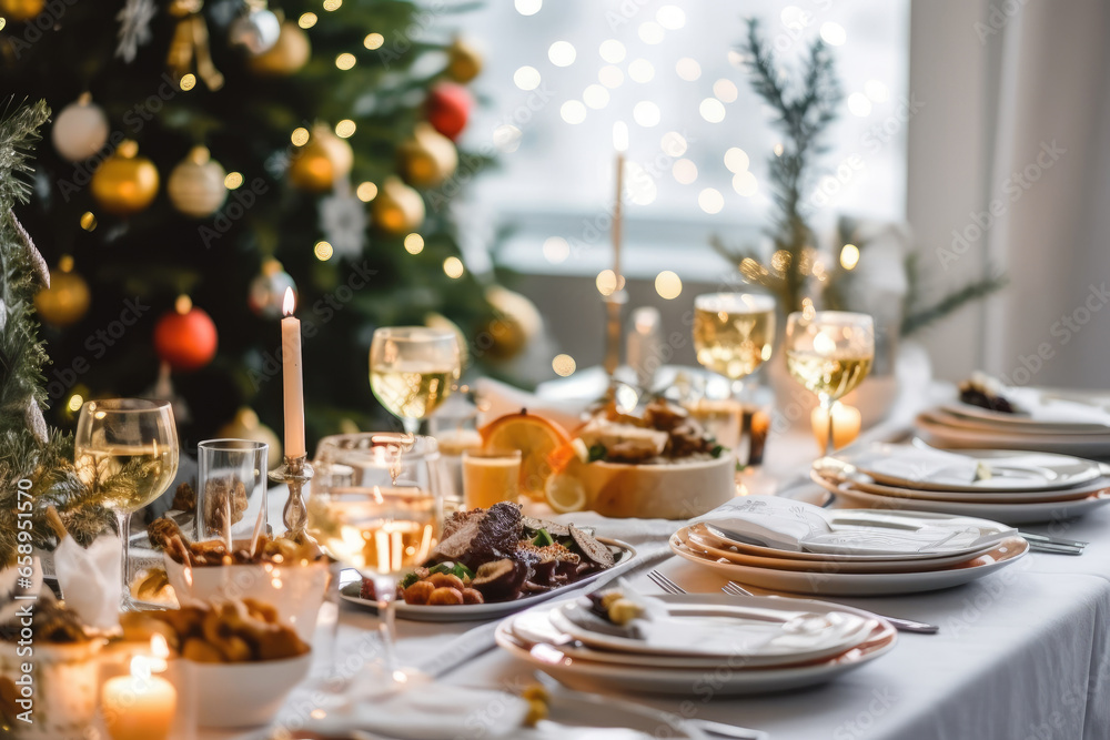 Fototapeta premium Christmas dining table, Christmas decor with a Christmas tree in the background,