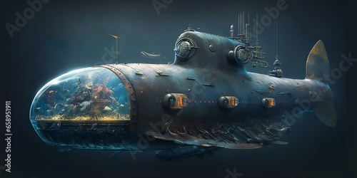 childish, goofy undewater nuclear submarine design illustration, © Botisz