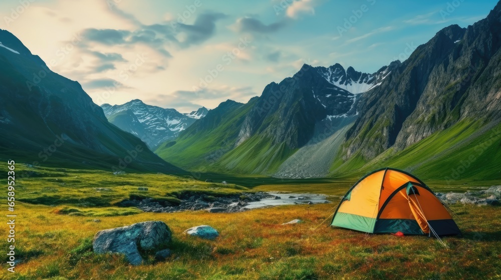 Beautiful summer landscape with mountains, with a tourist tent in the foreground on a sunny day.