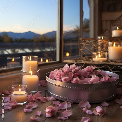 Bathroom set of candles and rose petals