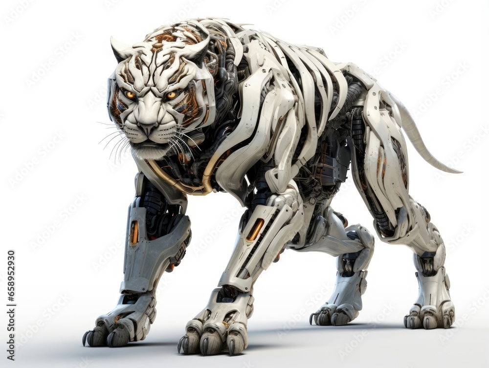 A frightening futuristic killer cyborg tiger full body view isolated on white