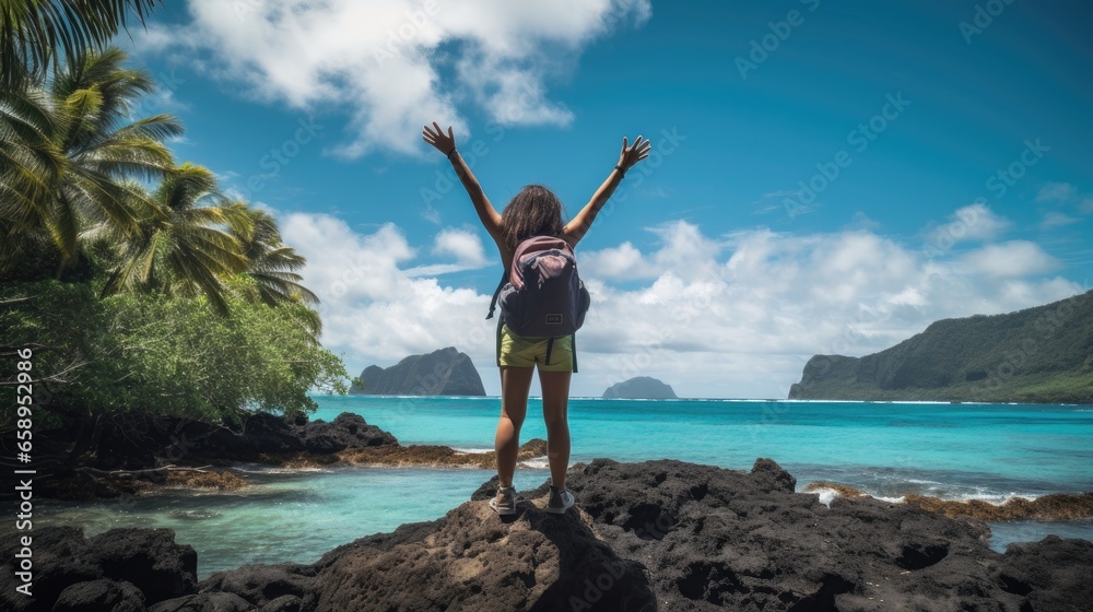 Female hiker, full body, view from behind, standing at a tropical beach with raised arms, hands clenched into fist