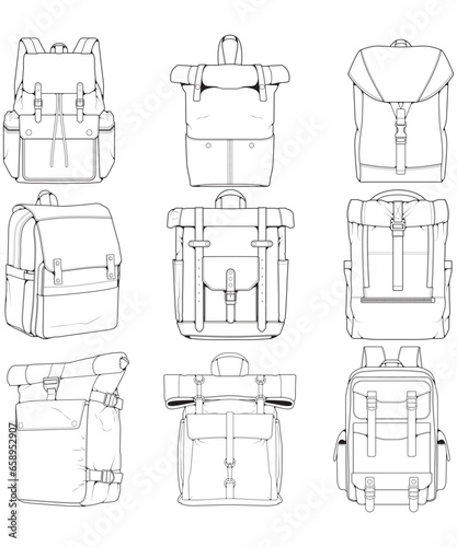 Hand drawn Vector Set of Backpacks. Cartoon Casual Backpack, cool backpack sketch . Backpacks Vector illustration.