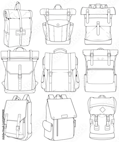 Hand drawn Vector Set of Backpacks. Cartoon Casual Backpack  cool backpack sketch . Backpacks Vector illustration.
