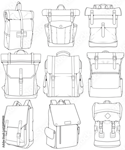 Hand drawn Vector Set of Backpacks. Cartoon Casual Backpack, cool backpack sketch . Backpacks Vector illustration.