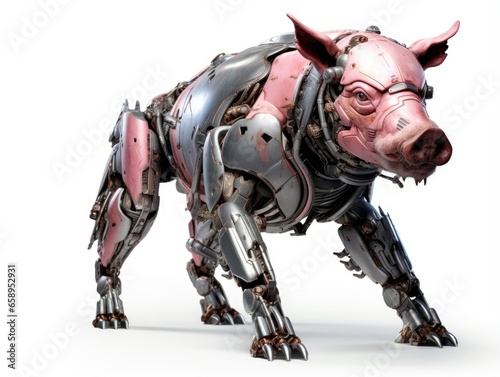 A frightening futuristic killer cyborg pig full body view isolated on white