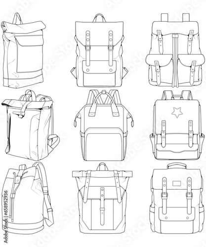 Hand drawn Vector Set of Backpacks. Cartoon Casual Backpack, cool backpack sketch . Backpacks Vector illustration.