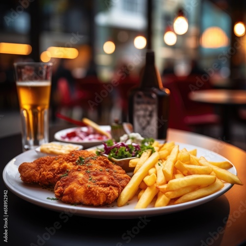 a schnitzel with a portion of french fries blurred restaurant in the background