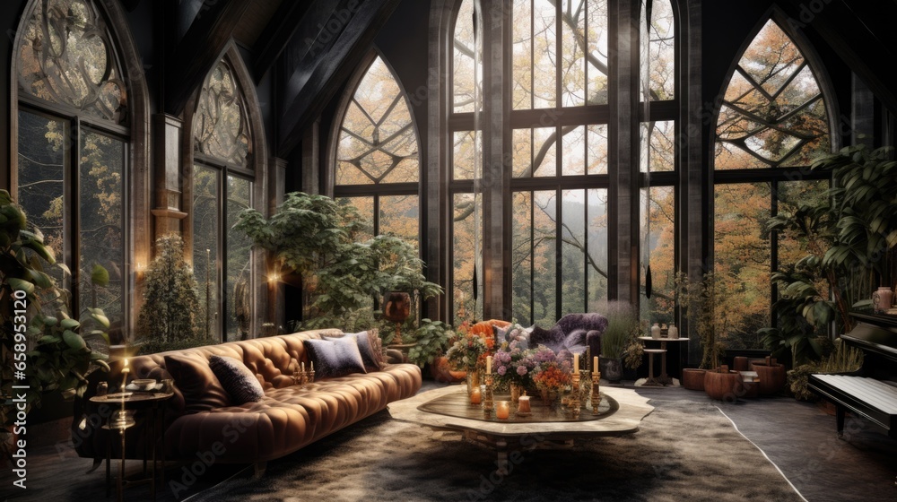 A living room filled with furniture and lots of windows A living room filled with furniture and lots of windows