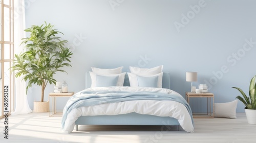 A bedroom with a bed and a plant in the corner