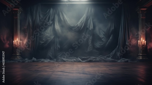 An empty stage with a curtain and candles photo