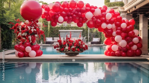 A pool filled with lots of red and white balloons