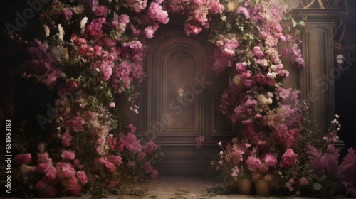 A doorway with a bunch of pink flowers in front of it