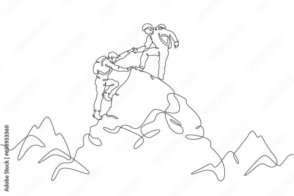 Climbers at the top. Climbing in the mountains in a group. Mountaineering. Mountain climb. Scenery. Hiker helping friend reach the mountain top. One continuous line. Linear. Hand drawn, white backgrou