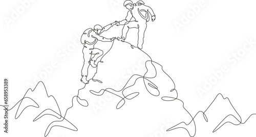 Climbers at the top. Climbing in the mountains in a group. Mountaineering. Mountain climb. Scenery. Hiker helping friend reach the mountain top. One continuous line. Linear. Hand drawn, white backgrou