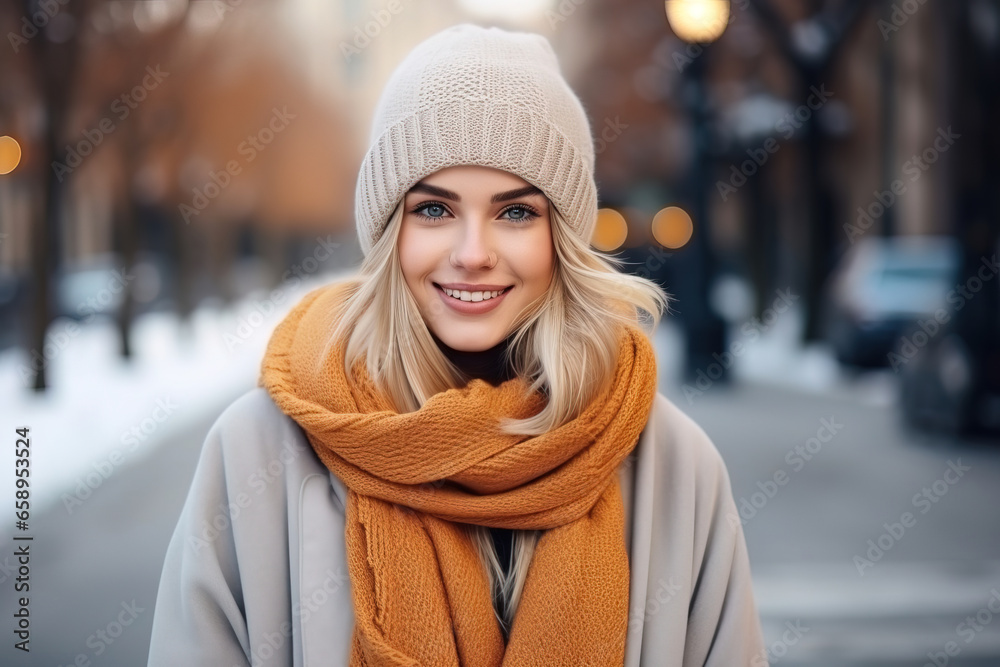 portrait of a Young Woman ion a Street in the winter, bokeh copy space portrait of a Young Woman ion a Street in the winter, bokeh copy space