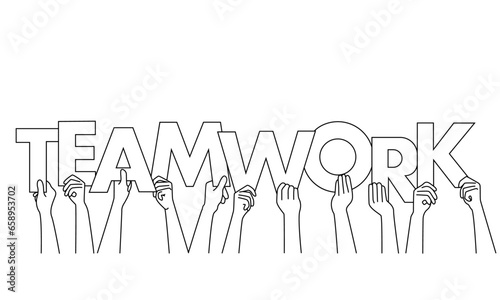 hands holding up letters shaping the word teamwork 
line art vector isolated on white background