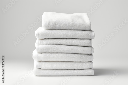 A stack of folded white towels on a table. AI image. photo
